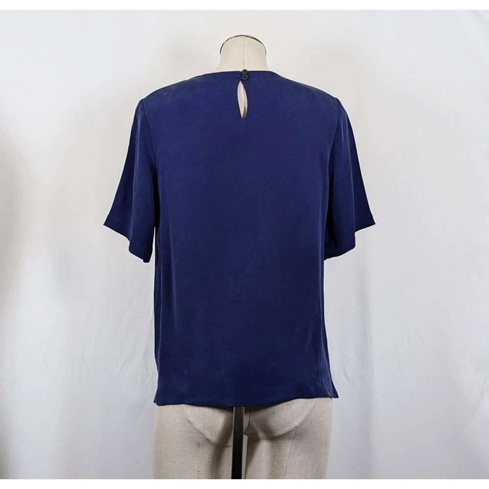 Vintage 90s Blouse Navy Blue Silk Short Sleeve Women's Size MP Medium Petite - Picture 4 of 5